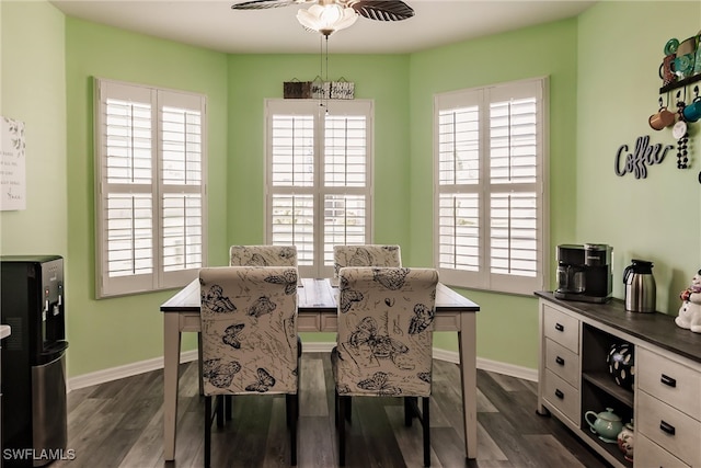 dining room featuring ceiling fan, dark hardwood / wood-style floors, and plenty of natural light