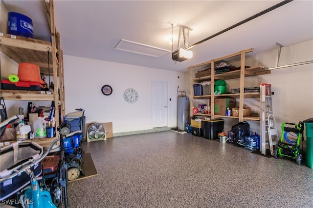 garage with gas water heater and a garage door opener