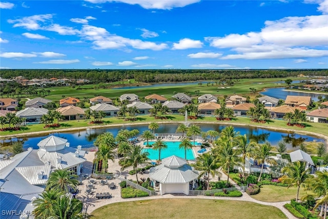 birds eye view of property featuring a water view