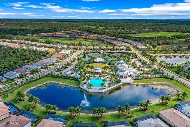 aerial view featuring a water view and a residential view