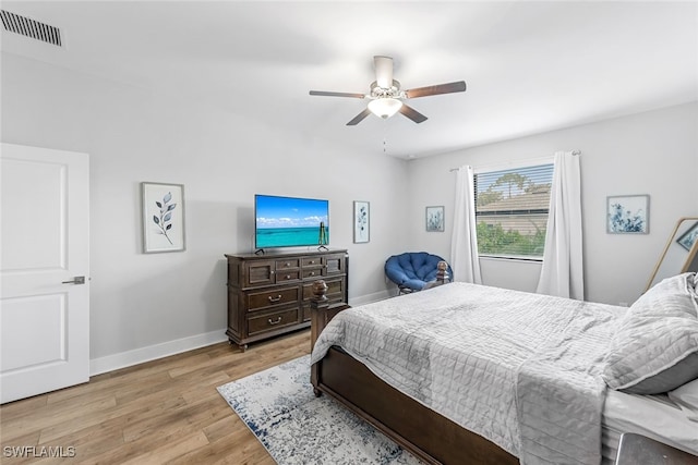 bedroom featuring ceiling fan and light wood-type flooring