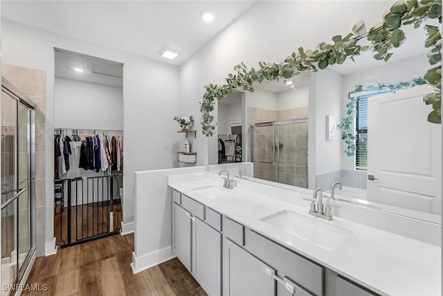 bathroom featuring a shower with door, vanity, and wood-type flooring