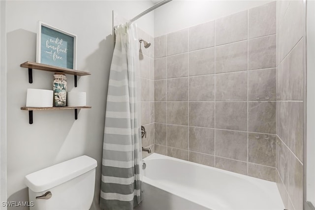 bathroom with toilet and shower / bath combination with curtain