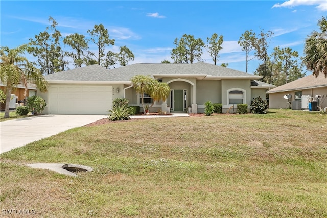 ranch-style home featuring a front lawn, central AC unit, and a garage