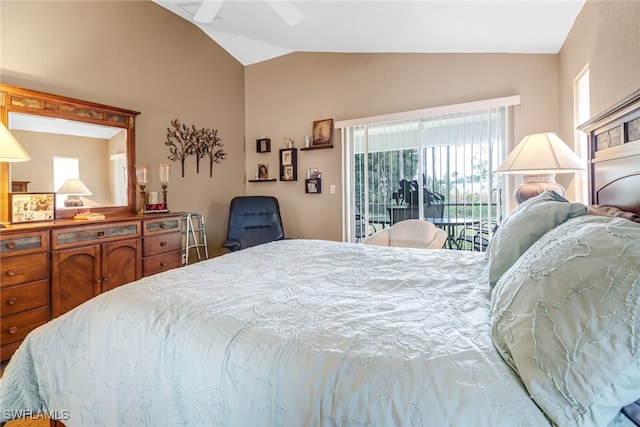 bedroom with vaulted ceiling, access to outside, and ceiling fan