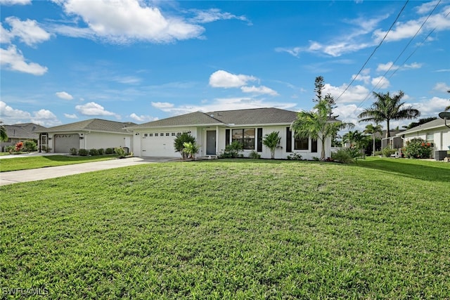 ranch-style house with a garage and a front lawn