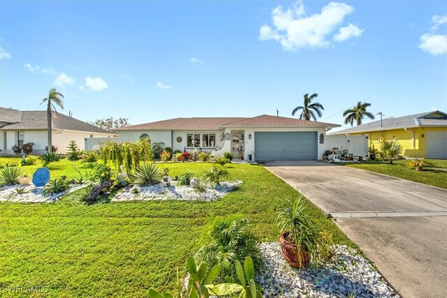 single story home featuring a garage and a front lawn