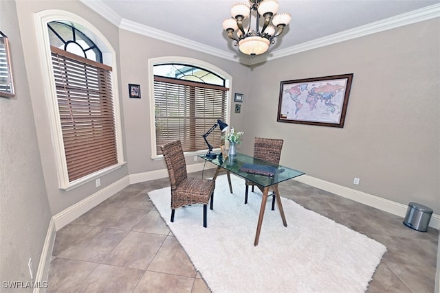 tiled office space with crown molding and a chandelier