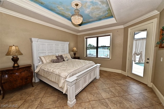 bedroom featuring light tile patterned flooring, a tray ceiling, access to exterior, ornamental molding, and an inviting chandelier