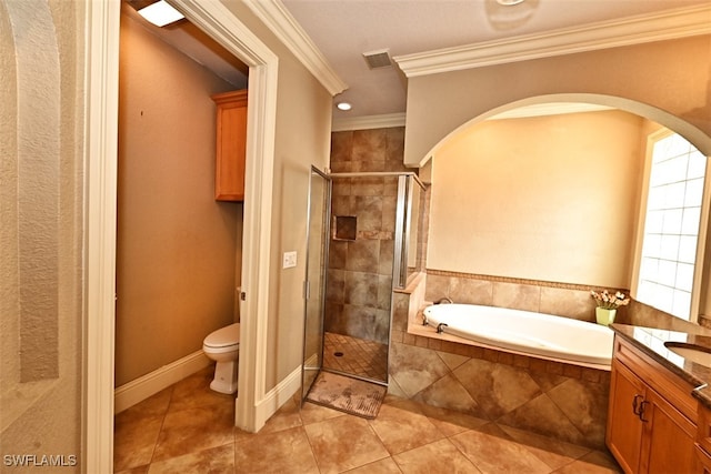 full bathroom with vanity, crown molding, shower with separate bathtub, and toilet