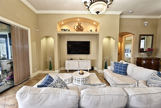 living room featuring ornamental molding, a high ceiling, and light tile patterned flooring