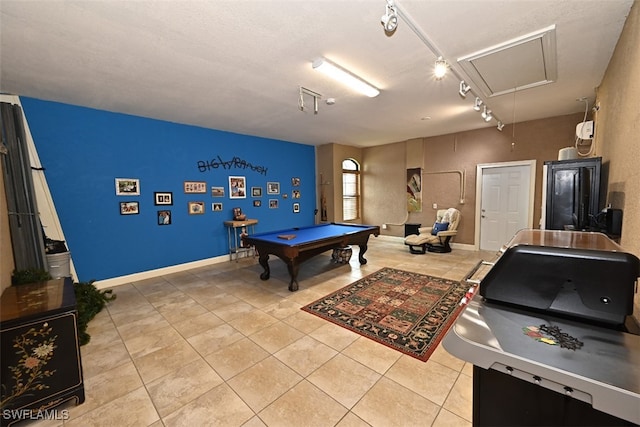 recreation room with light tile patterned flooring, track lighting, and pool table