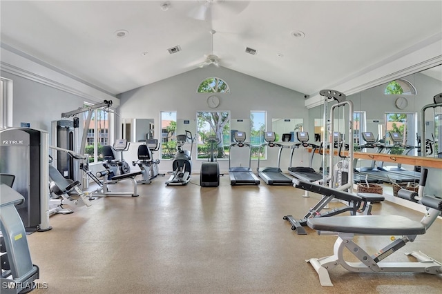 gym featuring high vaulted ceiling and ceiling fan