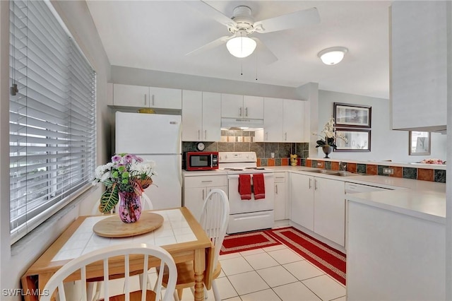 kitchen featuring sink, white appliances, decorative backsplash, and white cabinets