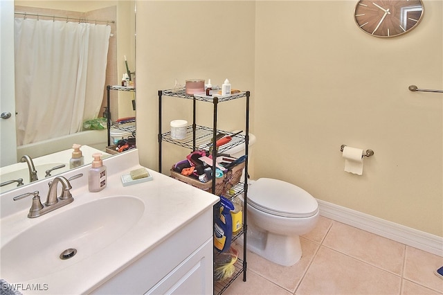 full bathroom featuring vanity, tile patterned floors, toilet, and shower / bathtub combination with curtain