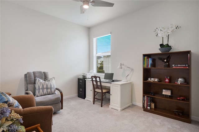 office featuring light colored carpet and ceiling fan