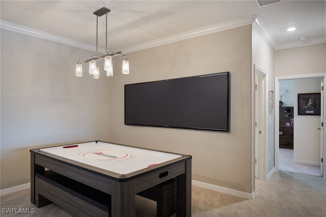 rec room featuring light tile patterned floors and crown molding