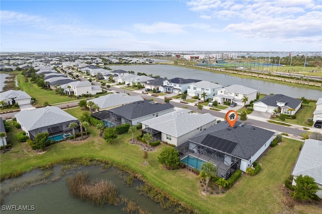 drone / aerial view featuring a water view