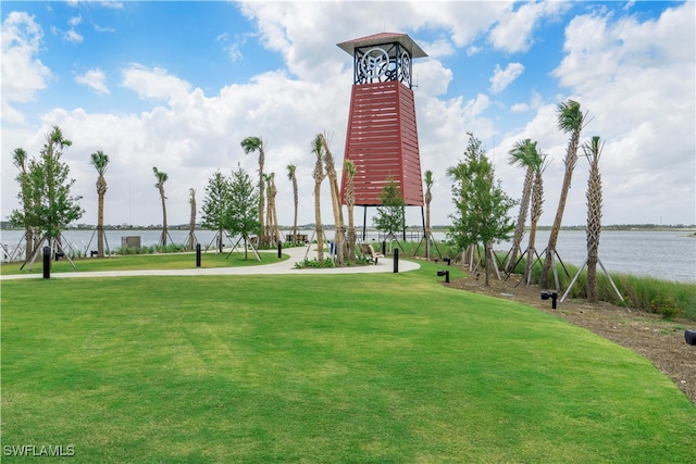 view of home's community with a yard and a water view