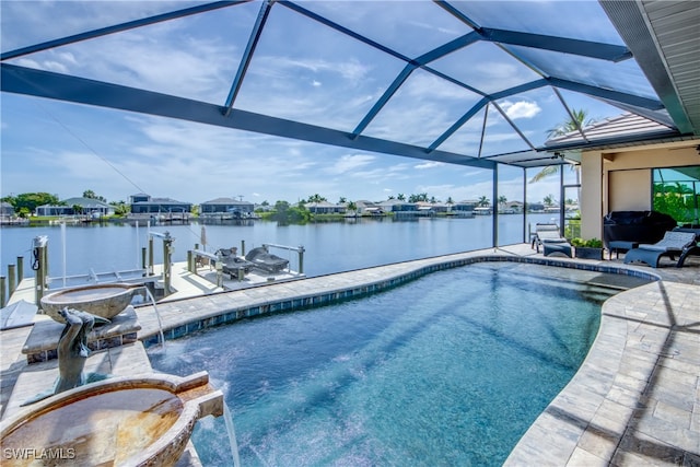 view of swimming pool with a water view, pool water feature, a patio, glass enclosure, and a boat dock