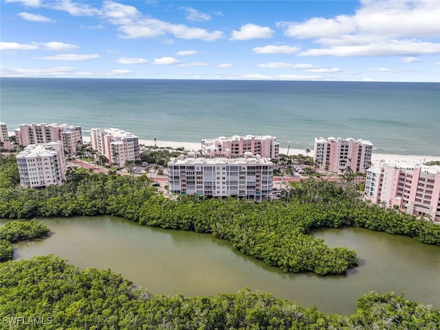 drone / aerial view with a water view