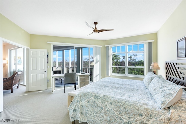 bedroom featuring light carpet and ceiling fan