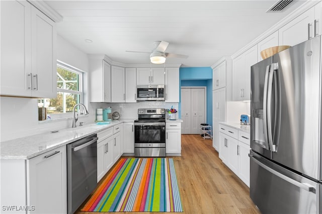 kitchen featuring stainless steel appliances, white cabinets, sink, tasteful backsplash, and light wood-type flooring