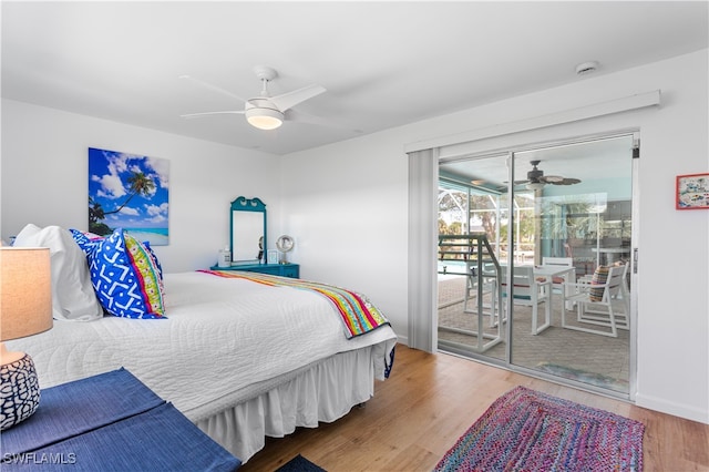 bedroom featuring ceiling fan, hardwood / wood-style flooring, and access to exterior