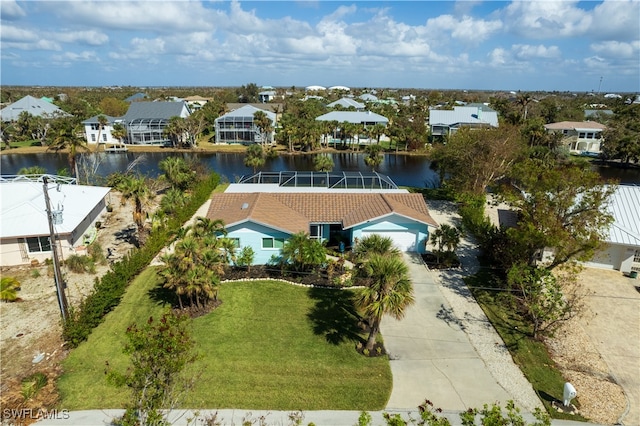 aerial view featuring a water view