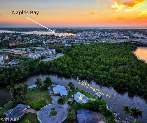 aerial view at dusk featuring a water view