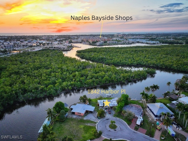 aerial view at dusk with a water view