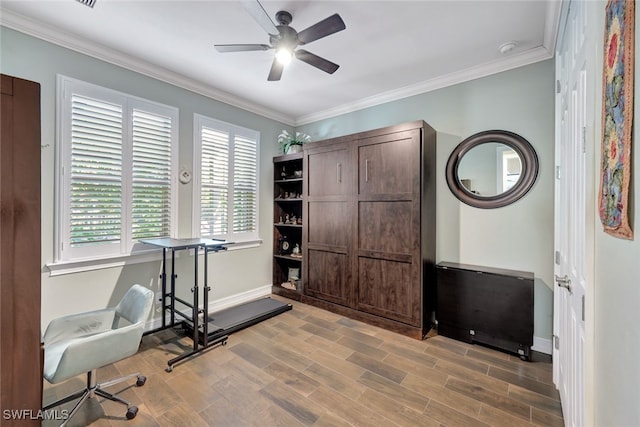 office area with hardwood / wood-style flooring, ceiling fan, and ornamental molding