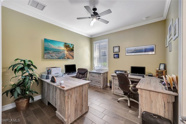 office featuring hardwood / wood-style floors, ceiling fan, and crown molding