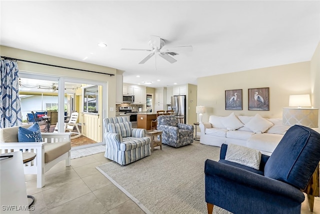 tiled living room featuring ceiling fan