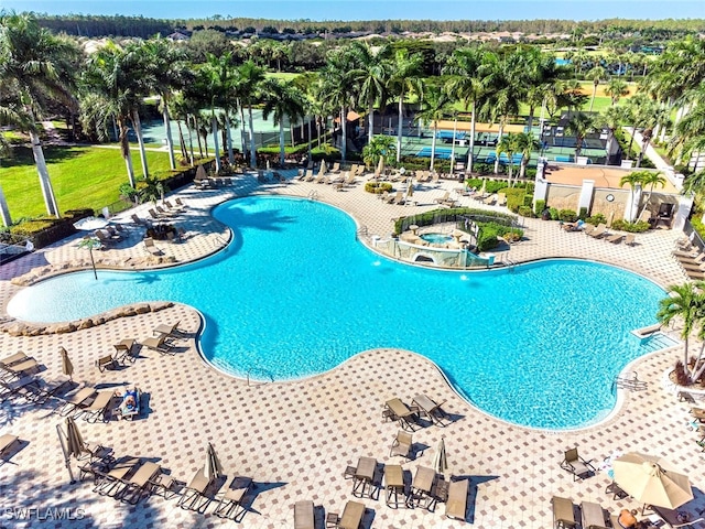 view of pool featuring a hot tub and a patio area