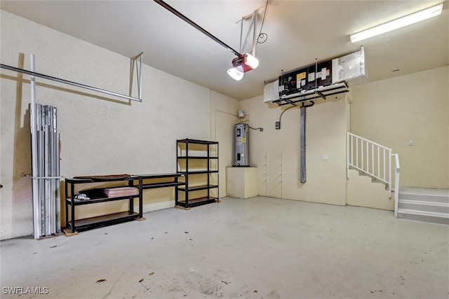 garage featuring water heater and a garage door opener