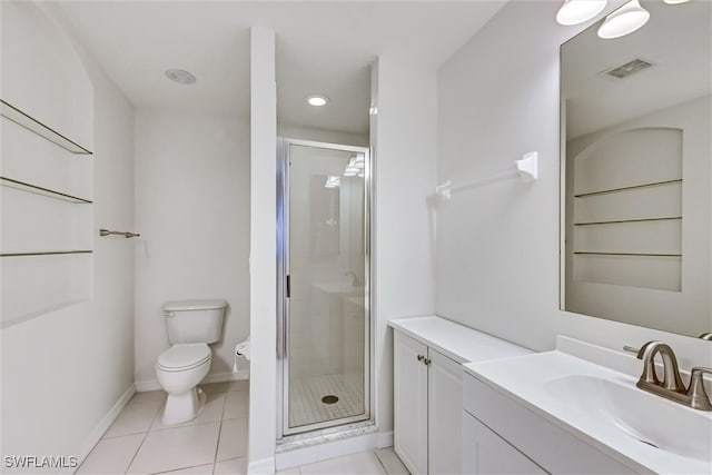 bathroom with tile patterned flooring, vanity, toilet, and a shower with door