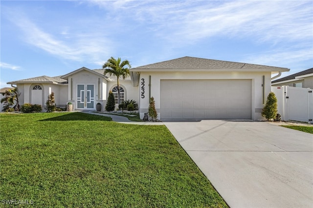 ranch-style home featuring a front lawn and a garage