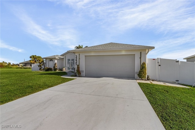 view of front of property with a front lawn and a garage