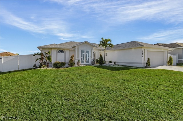 ranch-style house with a front yard and a garage