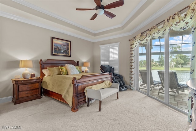 carpeted bedroom with ceiling fan, access to exterior, ornamental molding, and multiple windows