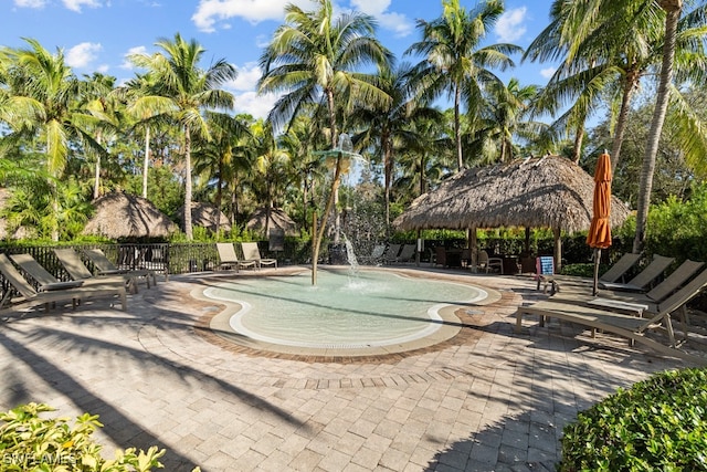 view of community featuring a gazebo and a patio