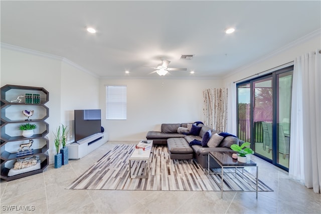 living room with crown molding, light tile patterned floors, and ceiling fan