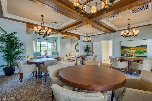 carpeted dining space featuring beam ceiling, ornamental molding, and coffered ceiling