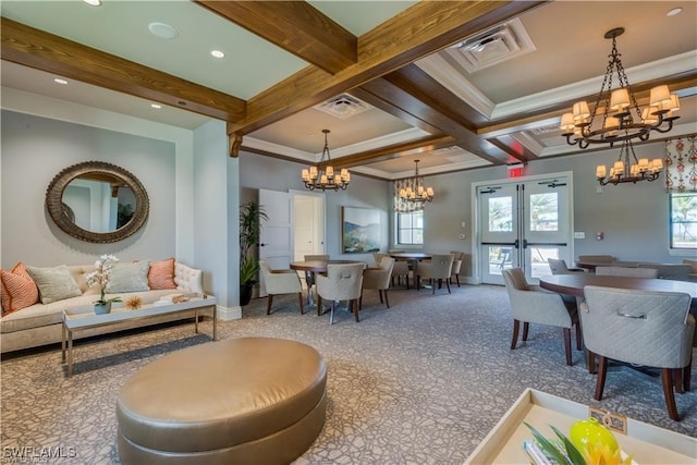 living room with french doors, crown molding, coffered ceiling, and beamed ceiling