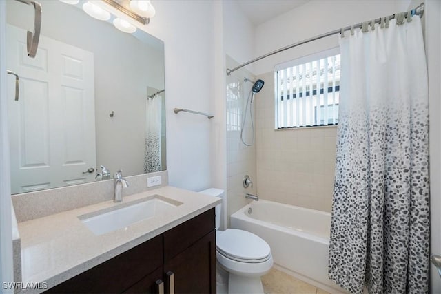 full bathroom with tile patterned flooring, shower / bath combination with curtain, toilet, and vanity