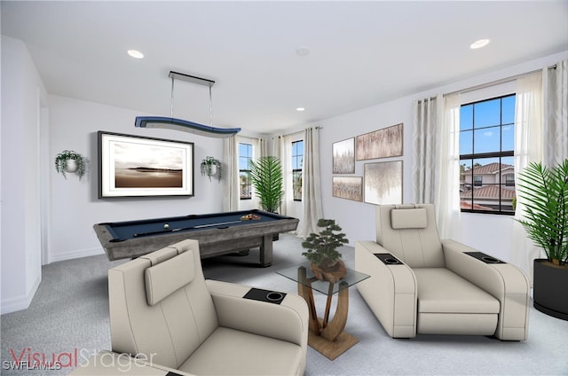 carpeted living room with pool table