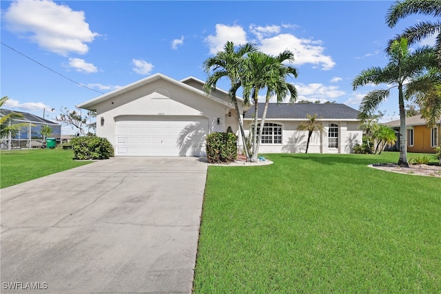 ranch-style home with a front lawn and a garage