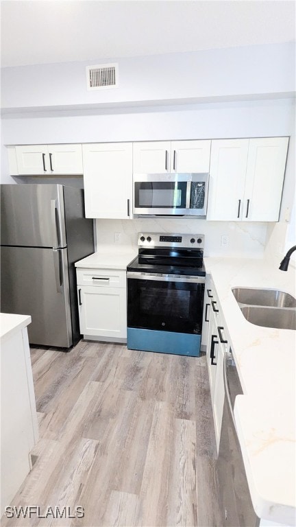 kitchen featuring stainless steel appliances, light hardwood / wood-style floors, white cabinetry, sink, and light stone counters