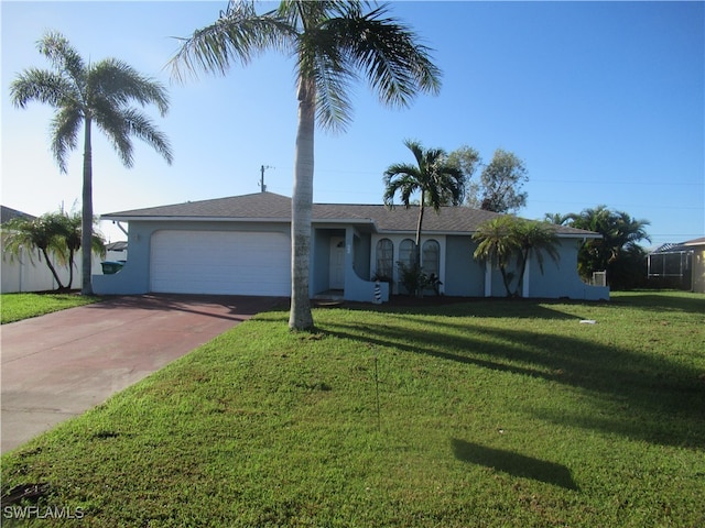 single story home featuring a front yard and a garage